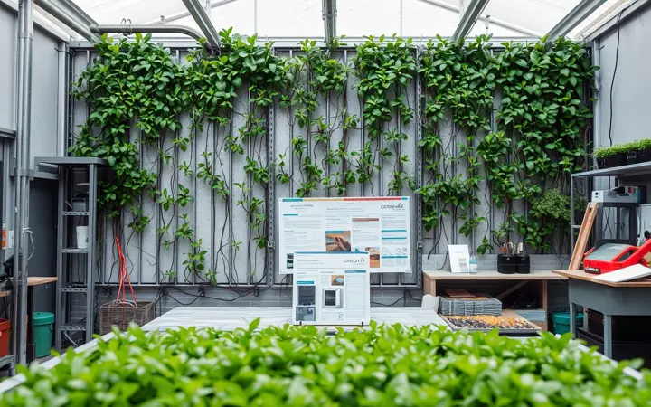 植物墙施工中的钢结构框架和灌溉系统