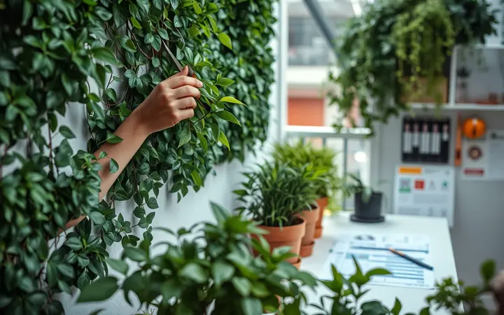 养护工人修剪植物墙