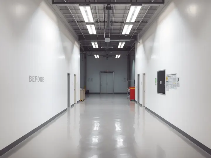 改造前的写字楼走廊,墙面空旷,光线均匀