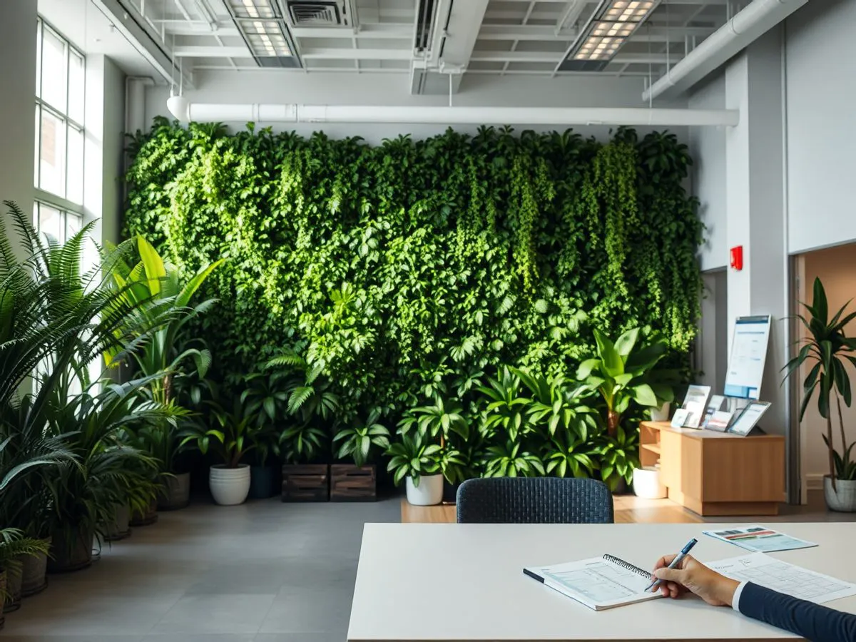 商业大堂内的室内植物墙实景，展示模块化种植与耐阴植物搭配