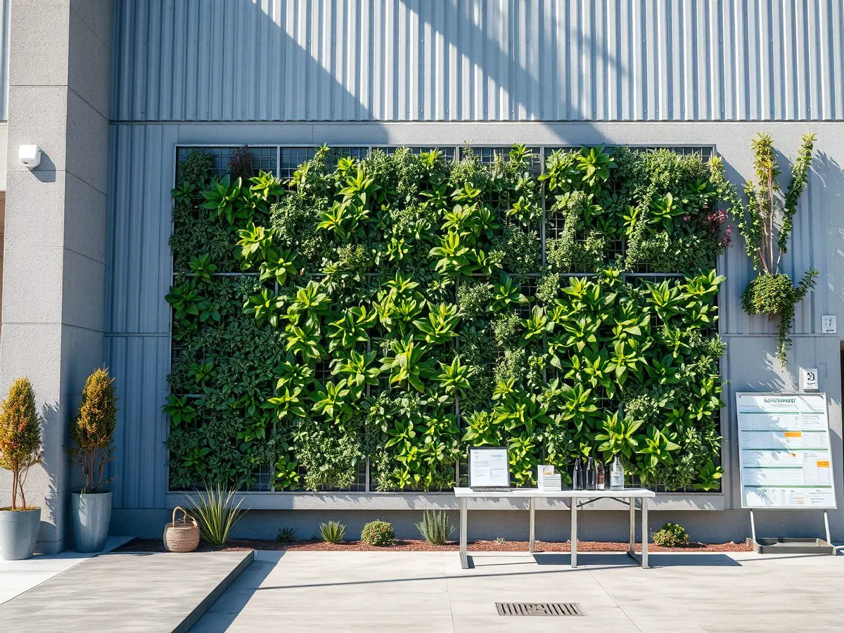 室外植物墙实景,建筑外立面安装金属框架和耐候植物