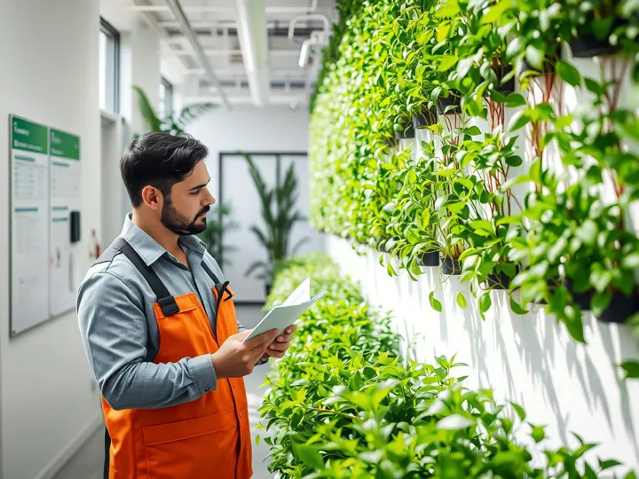 完成后的走廊绿植墙，养护人员正在检查植物状态