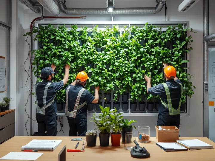 施工人员安装办公室绿植墙，展示施工过程